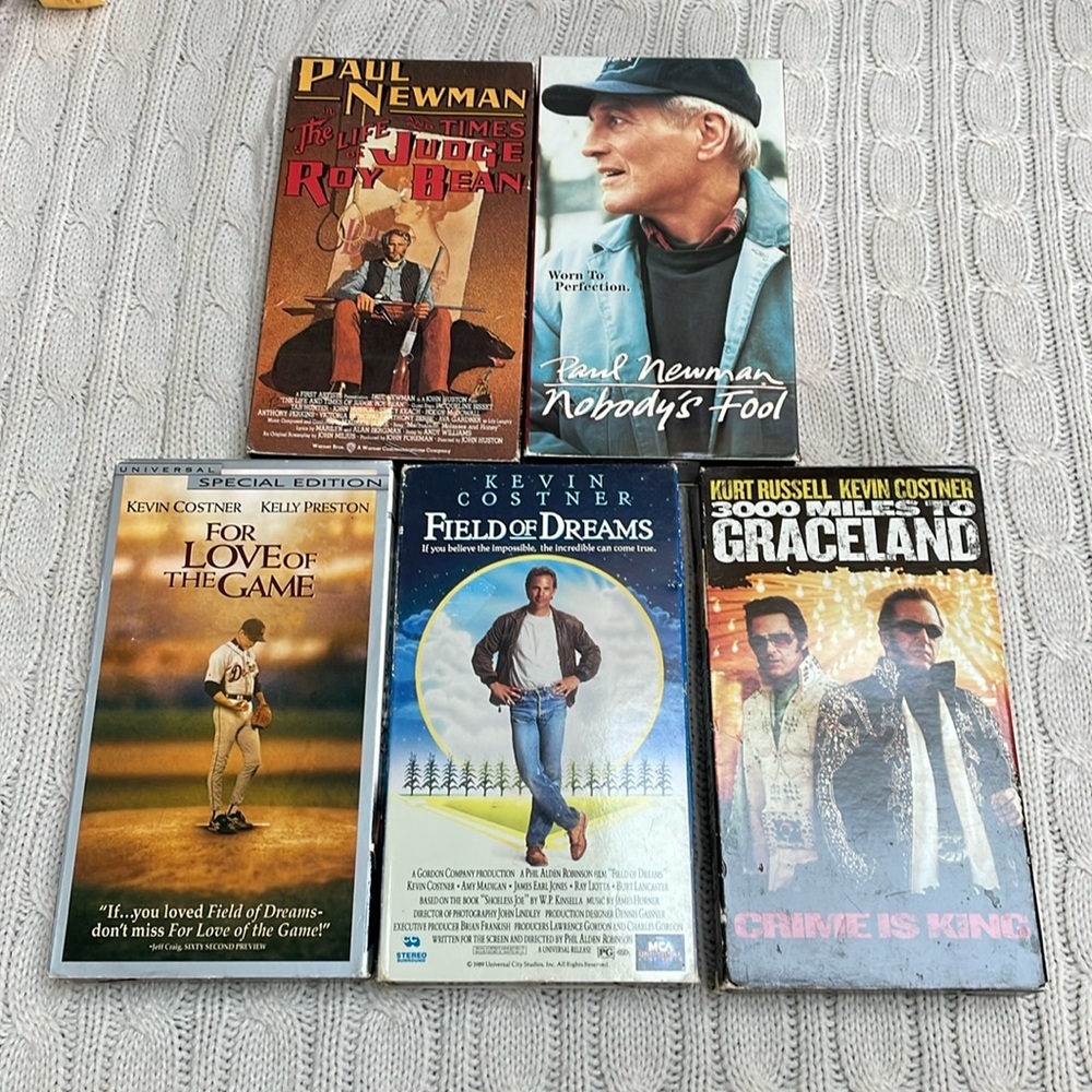 VTG VHS Lot of 5 movies. Kevin Costner/Paul Newman classics Baseball western 90s